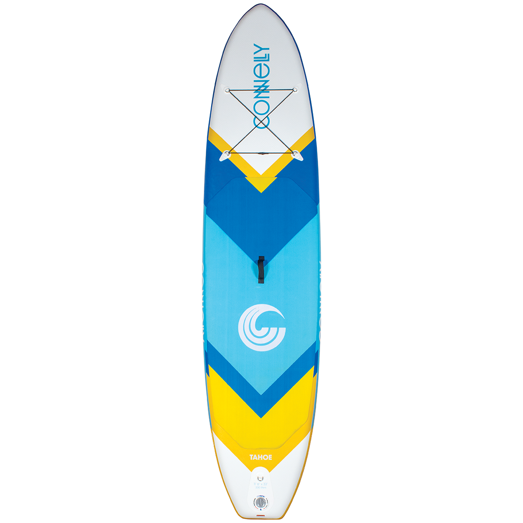 Top view of the 11ft Tahoe ISUP, a blue, white, and yellow stand-up paddleboard with a chevron pattern and storage bungee.