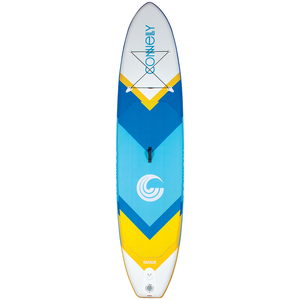 Top view of the 11ft Tahoe ISUP, a blue, white, and yellow stand-up paddleboard with a chevron pattern and storage bungee.