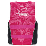 Back of the pink Teen Tunnel Nylon life vest with a tropical palm print, pink straps, and a white logo.