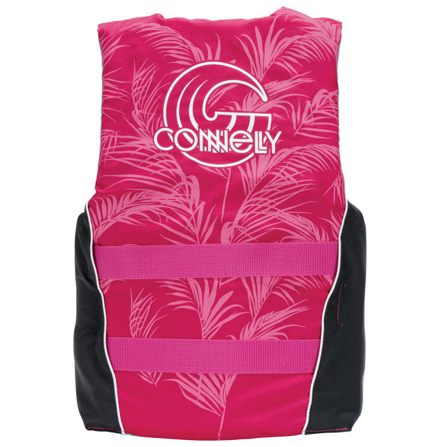 Back of the pink Teen Tunnel Nylon life vest with a tropical palm print, pink straps, and a white logo.