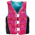 Pink Teen Tunnel Nylon life vest featuring a tropical palm pattern, white buckles, and black side panels.