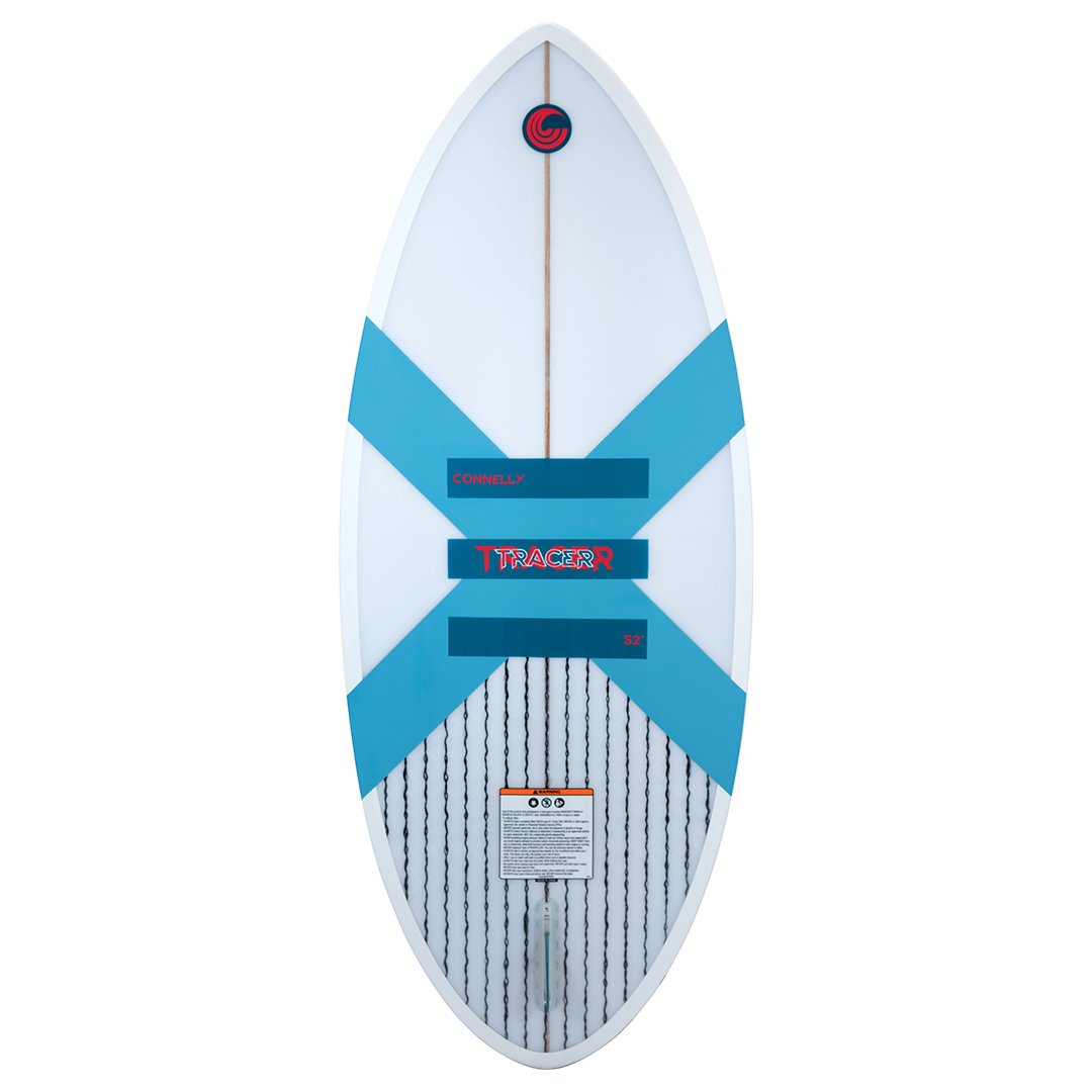 Tracer Skim base with a blue X-shaped design, red branding, and a single fin box.
