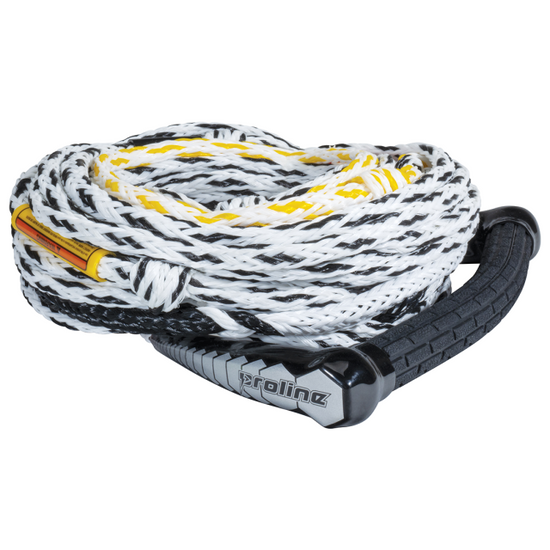Coiled black, white, and yellow Tractor Radius Package tow rope with a black Proline handle and diamond grip.