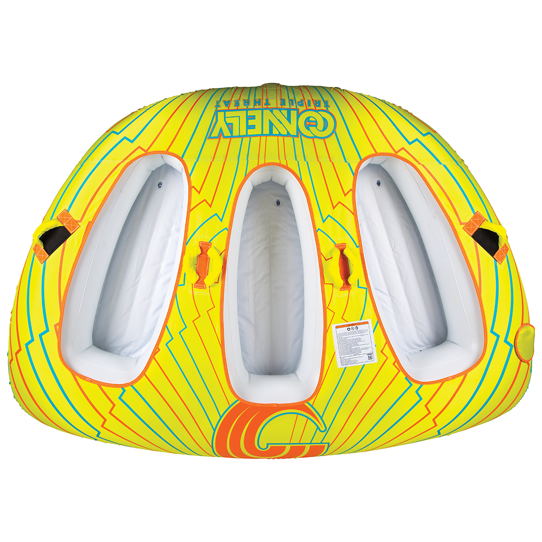 Front view of the Triple Threat towable tube, yellow and orange with three deep seating compartments and hand grips.
