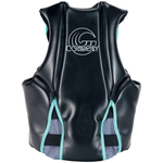 Back view of the Women's V life vest in black with a mint-accented logo and flexible side panels for mobility.