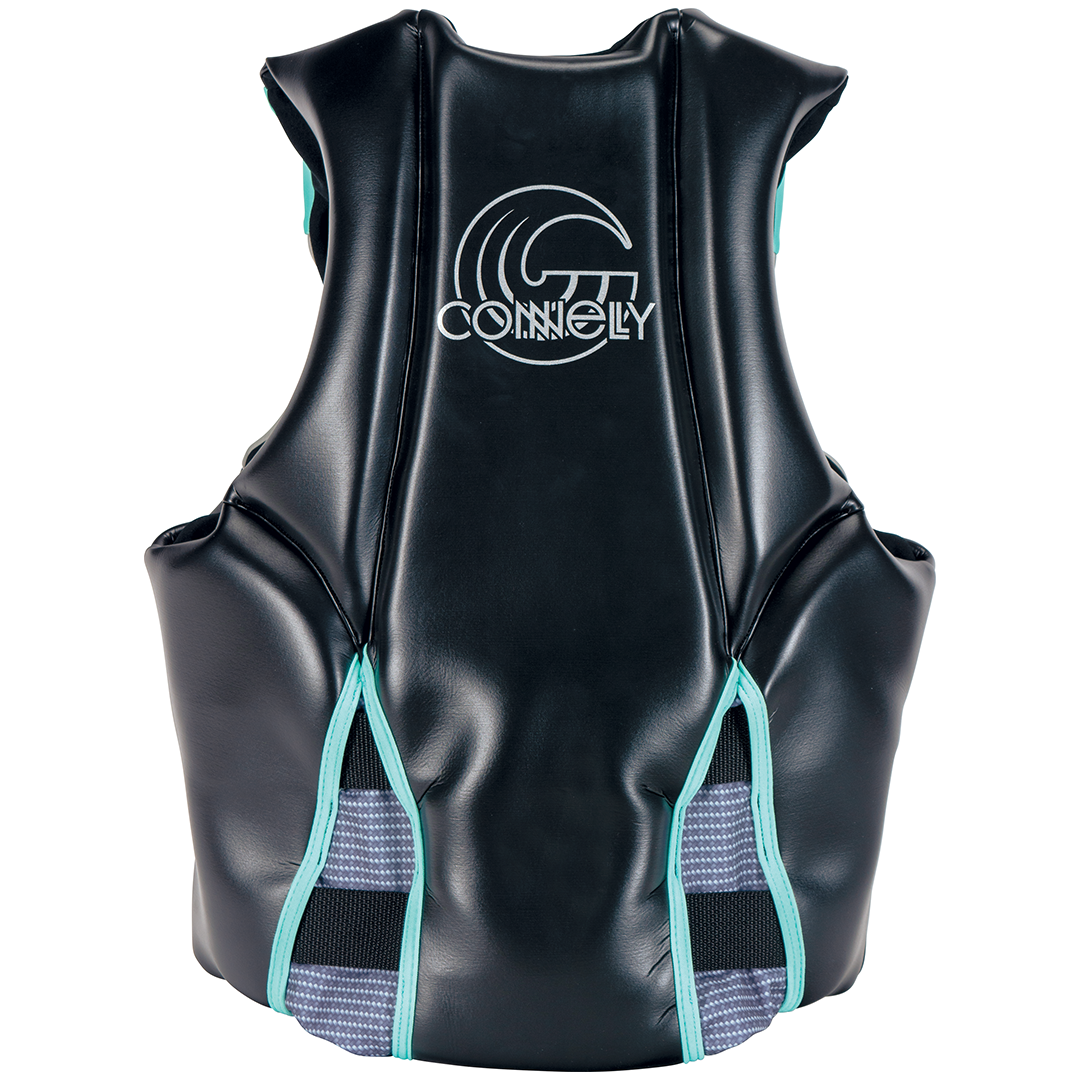 Back view of the Women's V life vest in black with a mint-accented logo and flexible side panels for mobility.