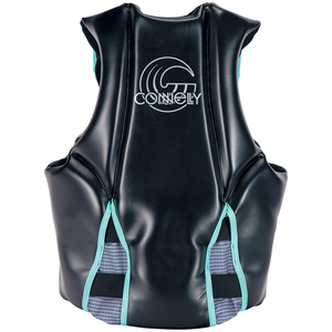 Back view of the Women's V life vest in black with a mint-accented logo and flexible side panels for mobility.