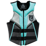 Front view of the Women's V life vest in black and mint with a zippered closure and two adjustable black straps.