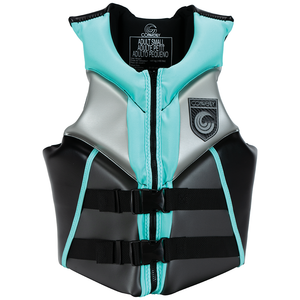 Front view of the Women's V life vest in black and mint with a zippered closure and two adjustable black straps.