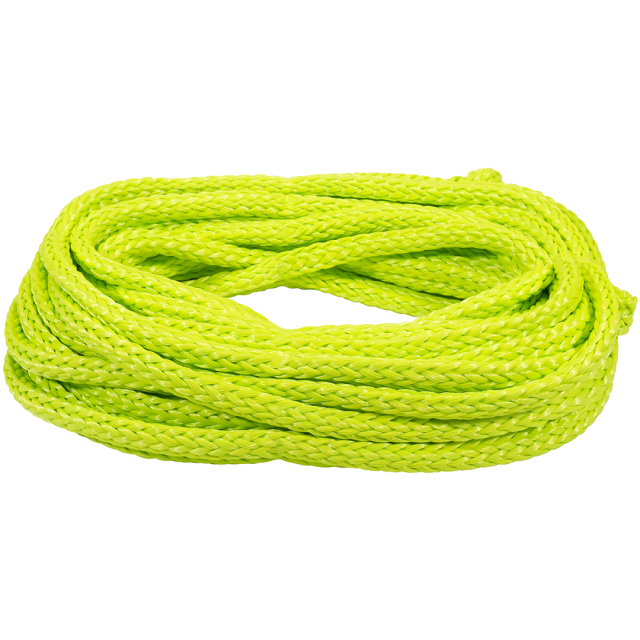 Coiled Value Safety Tube Rope in neon yellow; a braided rope designed for towing tubes on the water.