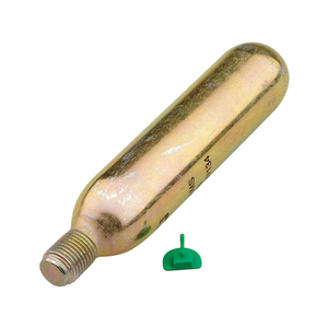 Inflatable Vest Recharge Kit-16g featuring a gold CO₂ cartridge with a threaded end and a small green safety clip.