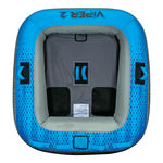 Top view of the Viper 2, a blue and gray two-person towable tube with black seating areas and blue grab handles.