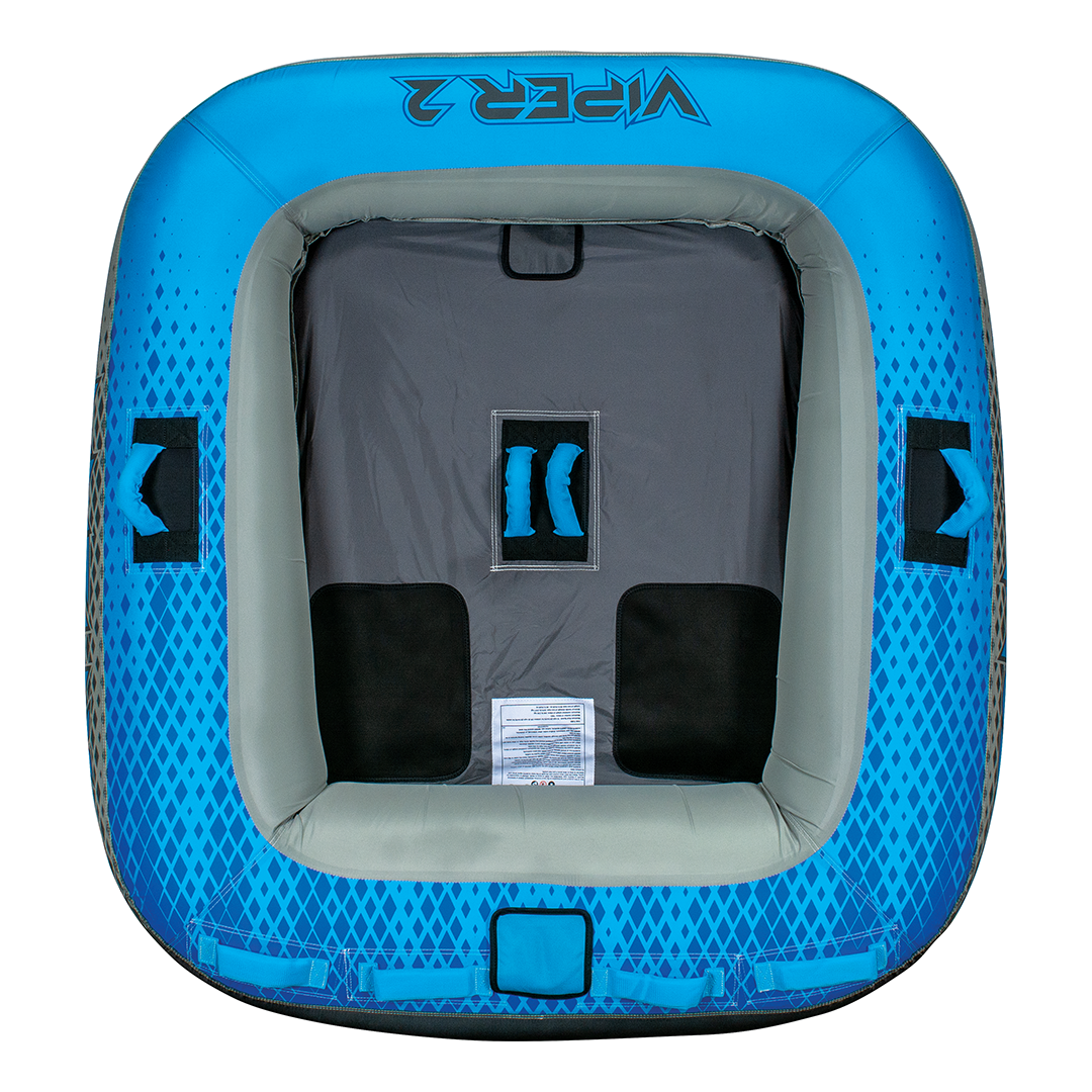 Top view of the Viper 2, a blue and gray two-person towable tube with black seating areas and blue grab handles.