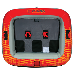Top view of the Viper 3, a red and gray three-person towable tube with black seating areas and red grab handles.