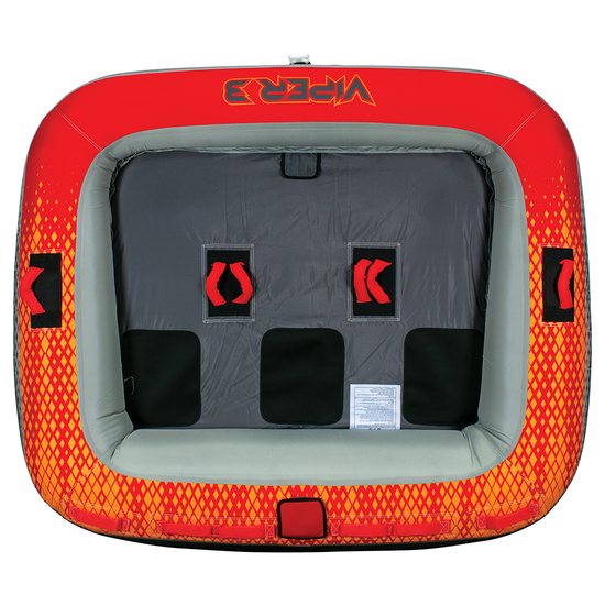 Top view of the Viper 3, a red and gray three-person towable tube with black seating areas and red grab handles.