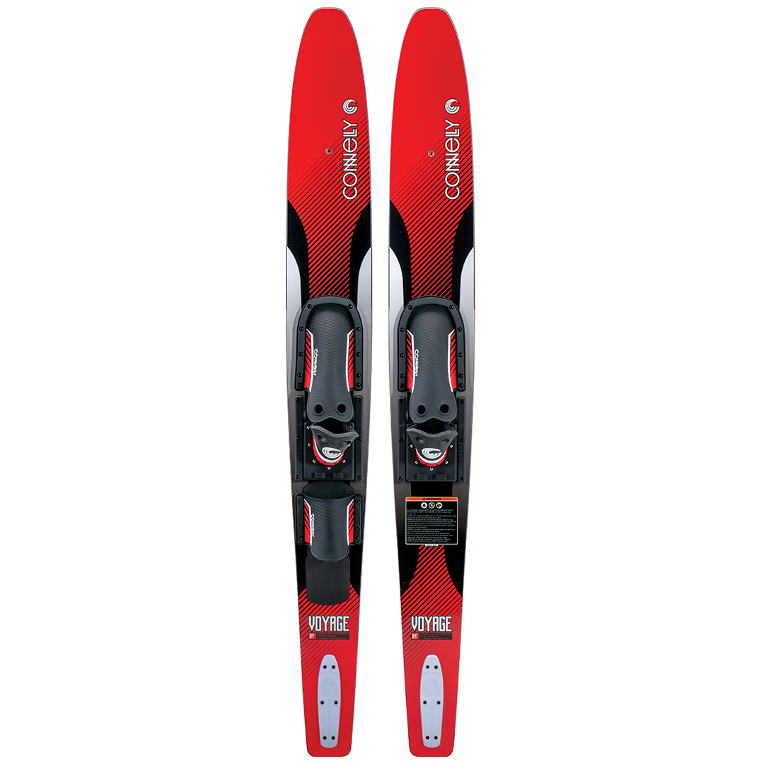 Red & black 2024 Voyage combo with bindings, featuring reinforced composite construction.