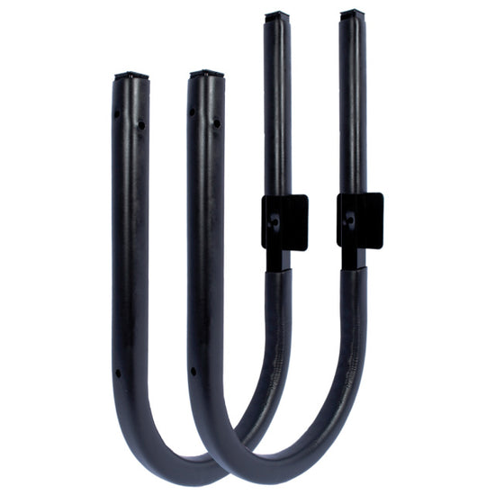 Set of black SUP Wall Cradles with a U-shaped design, mounting brackets, and a protective coating for secure board storage.