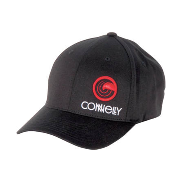 Front view of the Wave Hat, a black baseball cap featuring a red Connelly logo embroidered on the front.