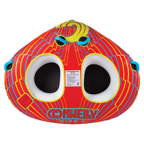 Top view of the Wing Two, a red inflatable towable tube with two circular seating areas and multiple handles.