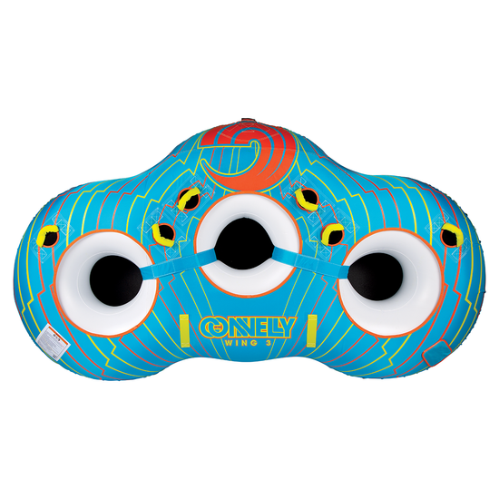 Top view of the Wing Three, a blue inflatable towable tube with three circular seating areas and multiple handles.