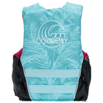 Back view of the Women's Tunnel Nylon life vest with palm leaf pattern, black sides, white logo, and light gray straps.