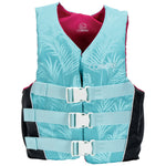 Front view of the Women's Tunnel Nylon life vest with palm leaf pattern, black sides, magenta lining, and gray buckles.