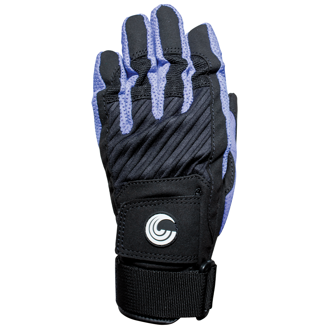 Top view of the Women's Tournament Glove, showing black and lavender design with secure wrist strap and logo detail.