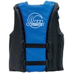 Back of the blue Youth Tunnel Nylon life vest showcasing a geometric design, black straps, and a white logo.