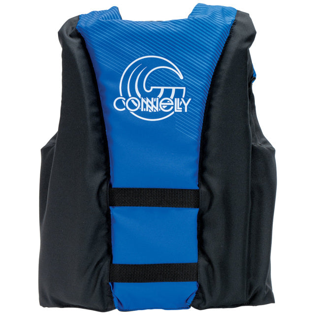 Back of the blue Youth Tunnel Nylon life vest showcasing a geometric design, black straps, and a white logo.