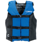 Blue Youth Tunnel Nylon life vest with black adjustable straps, a front zipper, and subtle geometric patterns.