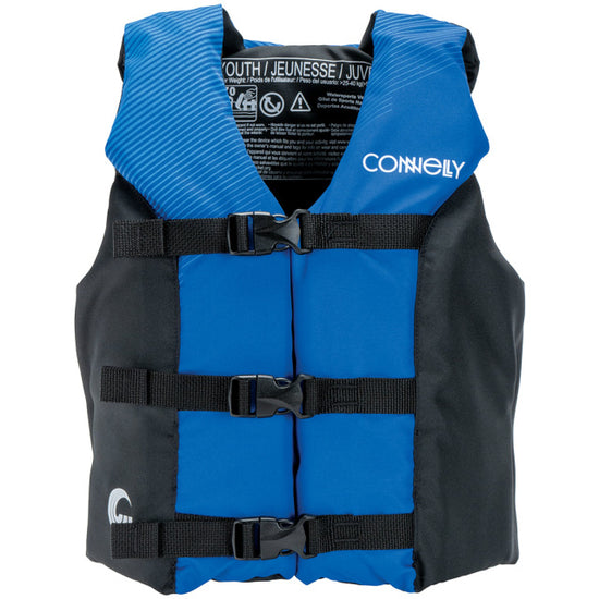 Blue Youth Tunnel Nylon life vest with black adjustable straps, a front zipper, and subtle geometric patterns.