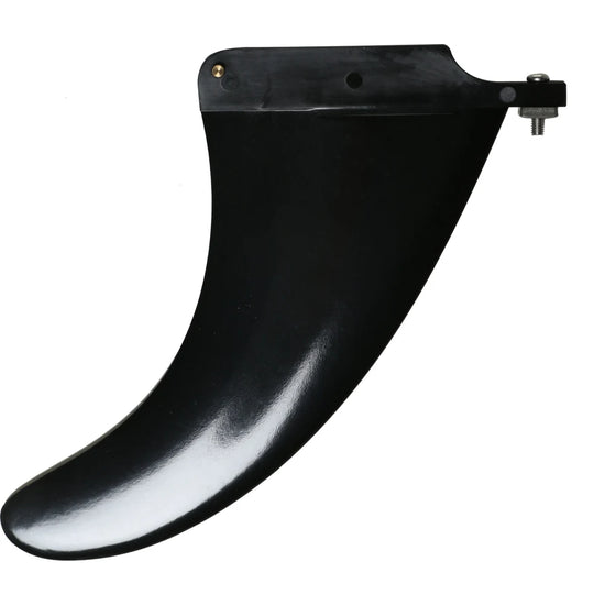 Black 9-inch SUP center fin with a curved design and secure screw mount for paddleboards.
